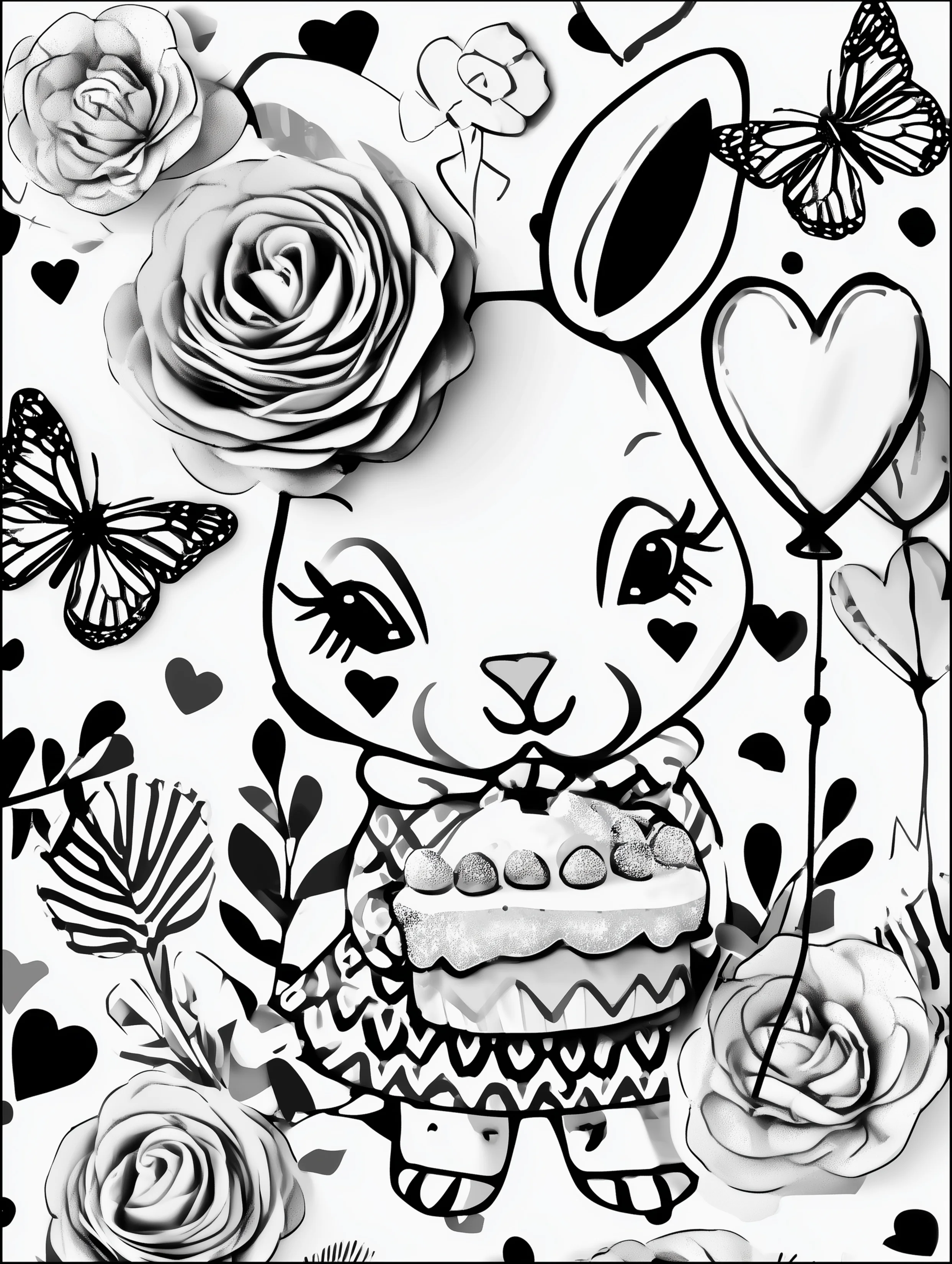 Free printable rabbit coloring page for adults featuring a bunny holding a cake and balloon